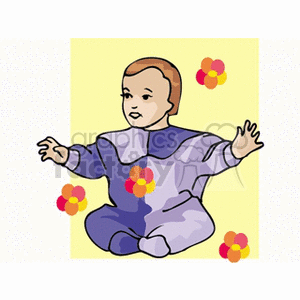 A baby in a sleeper with falling flowers clipart. Royalty.