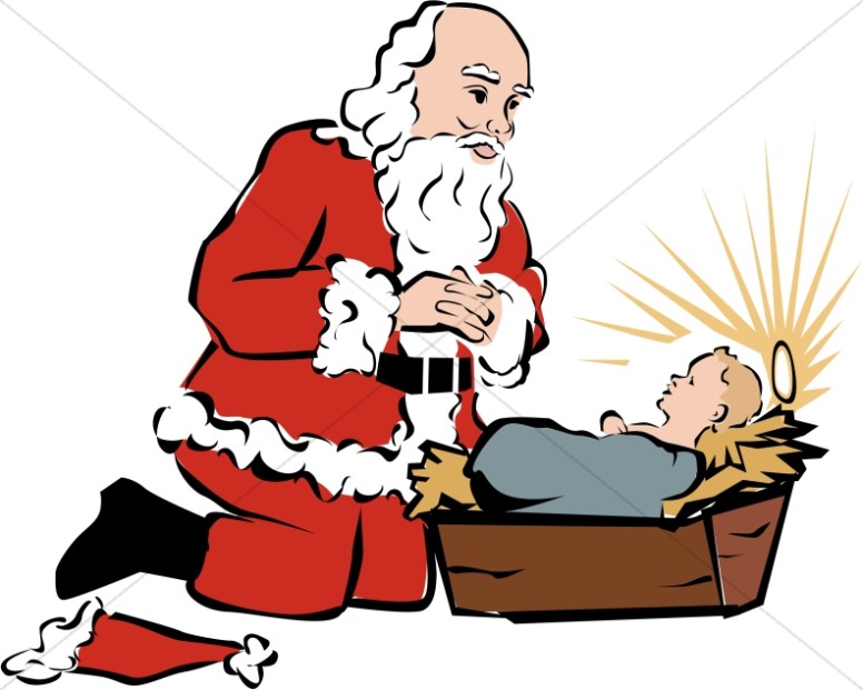 Santa Kneeling Beside Baby Jesus.