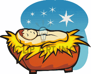 Starry Night Baby Jesus in a Manger clipart. Royalty.