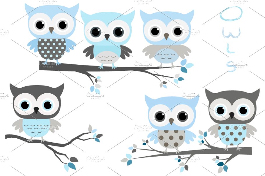 Cute blue and grey owls clip art set.