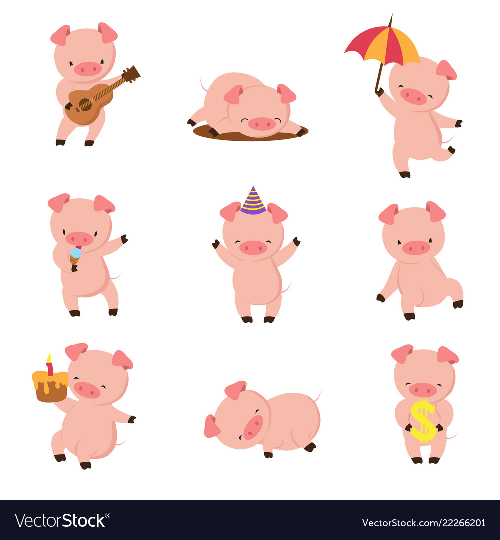 Cartoon pig cute smiling pigs playing in mud.