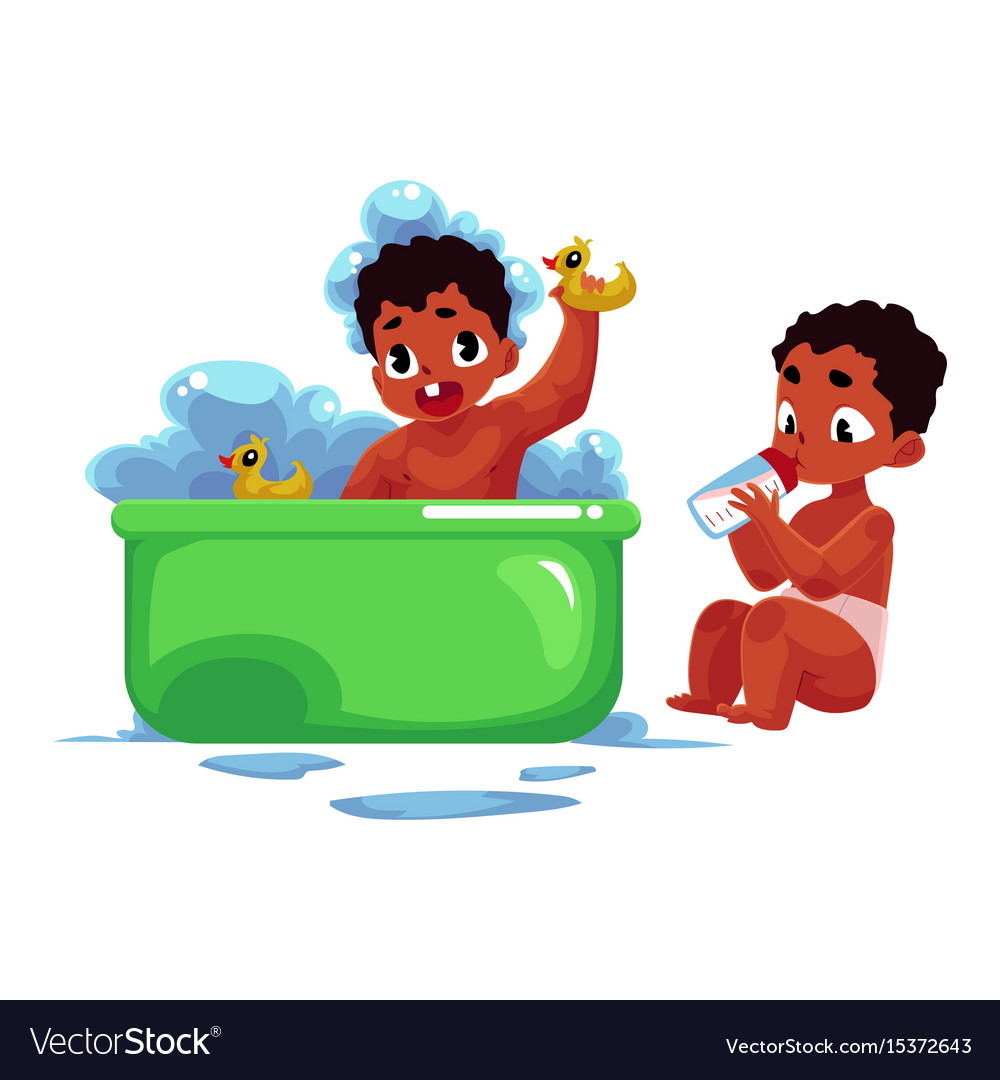 Black african american baby taking bath eating.
