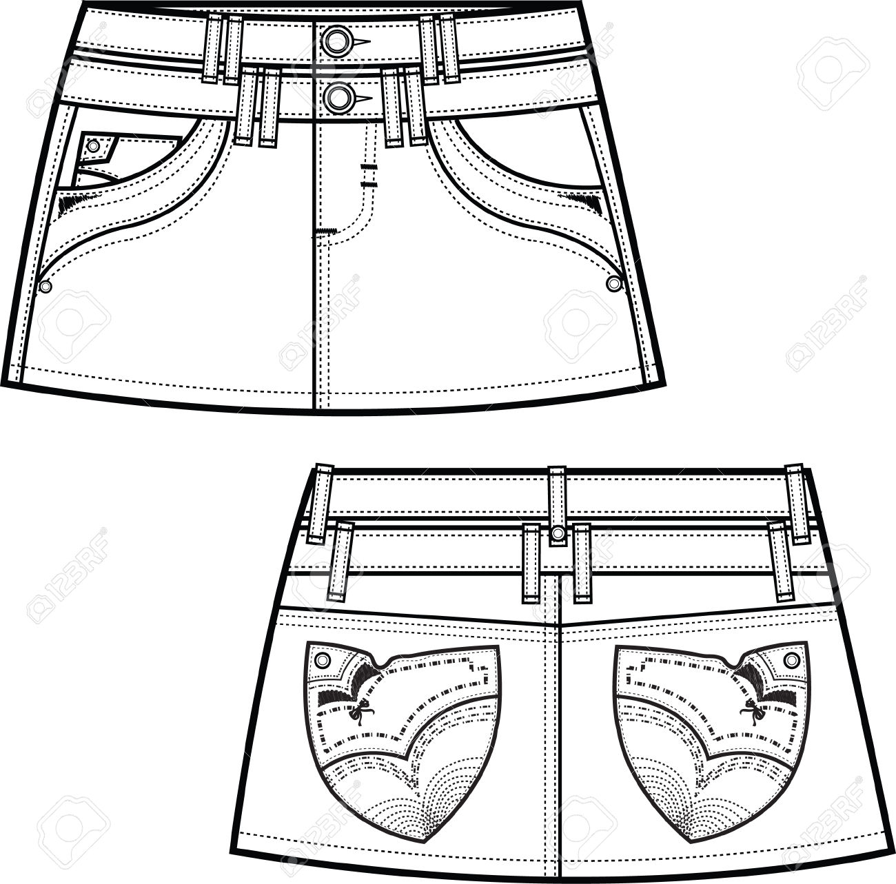 Denim Skirts With Fancy Back Pockets Royalty Free Cliparts.