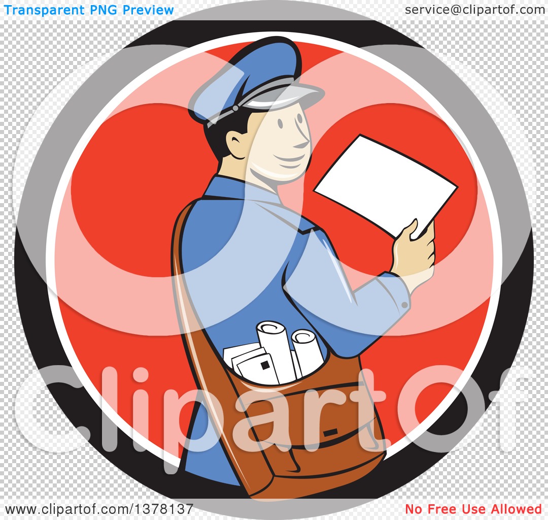 Clipart of a Retro Cartoon Happy Mail Man Holding an Envelope and.