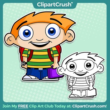 Cute Cartoon School Boy Clip Art Backpack & Lunchbox! Back to School Clipart.