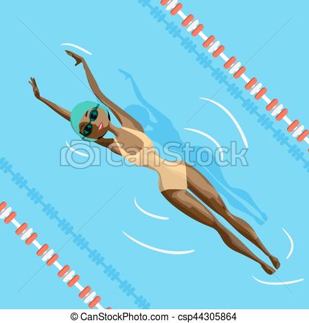 Young black woman in sports swimsuit swims in the pool at the backstroke.  Flat cartoon vector illustration.