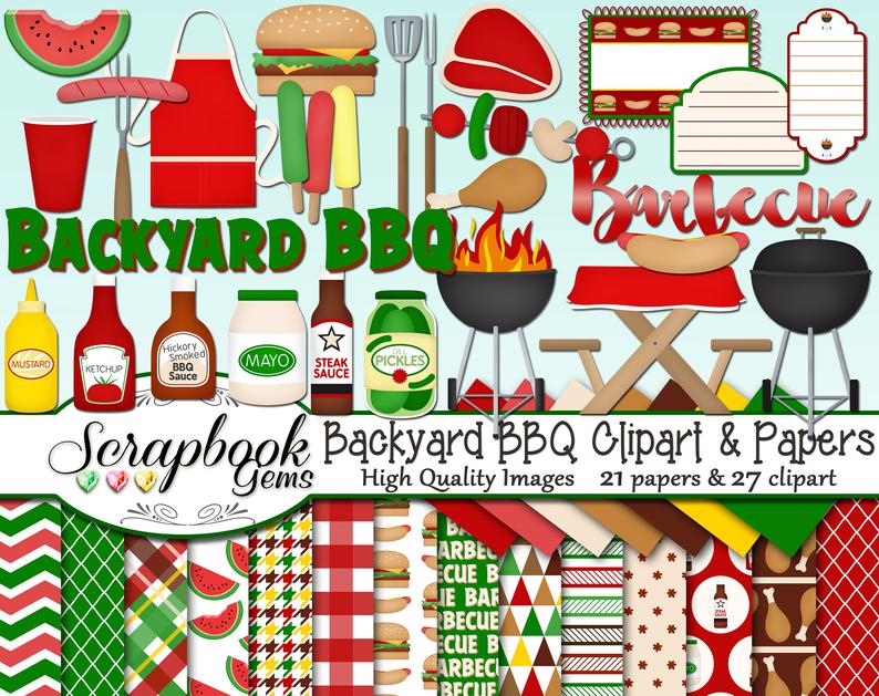 BACKYARD BBQ Clipart & Papers Kit, 28 png Clip arts, 21 jpeg Papers Instant  Download grill fire hamburger hotdog chicken steak watermelon.