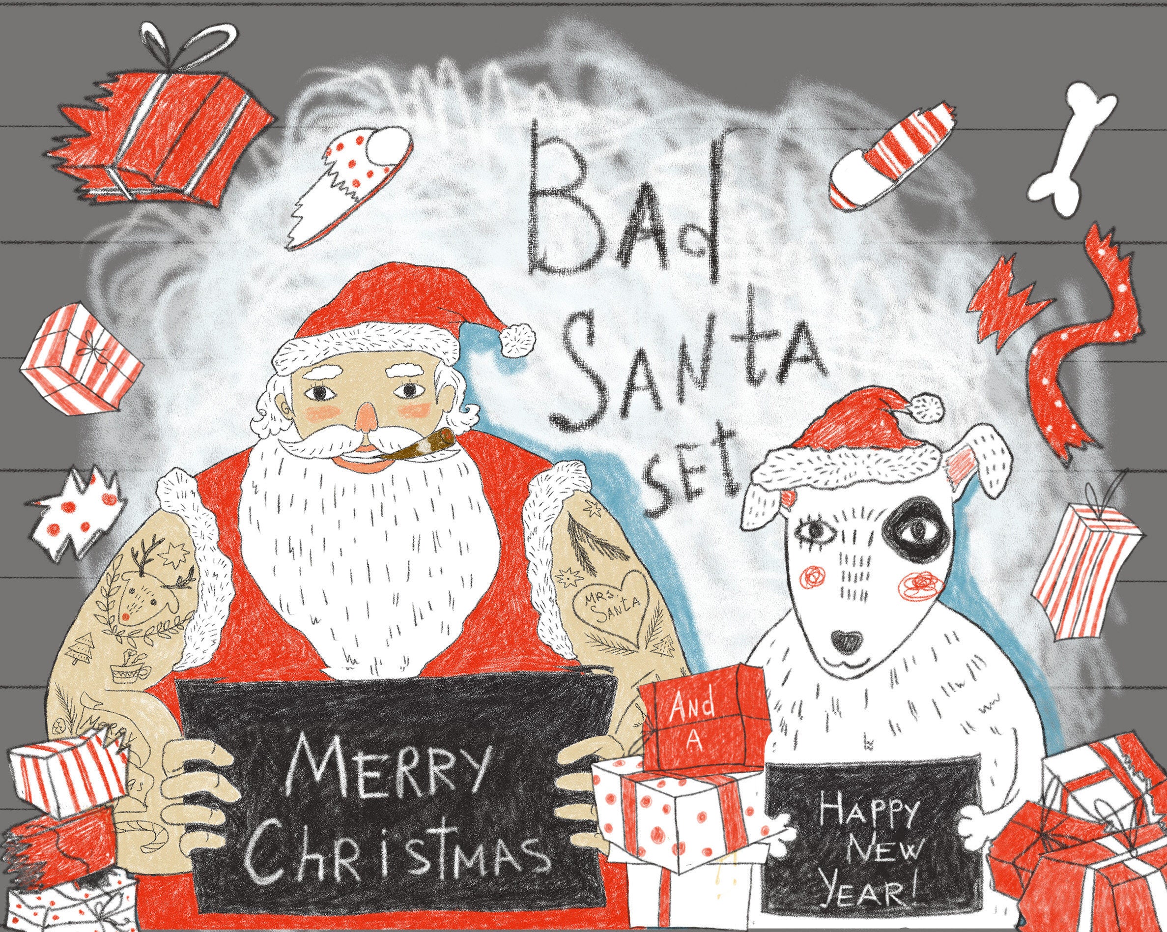 Bad Santa Christmas clipart, New Year holiday clip art, xmas animal Dog,  digital seasonal planner png scrapbook diy stickers greeting card.