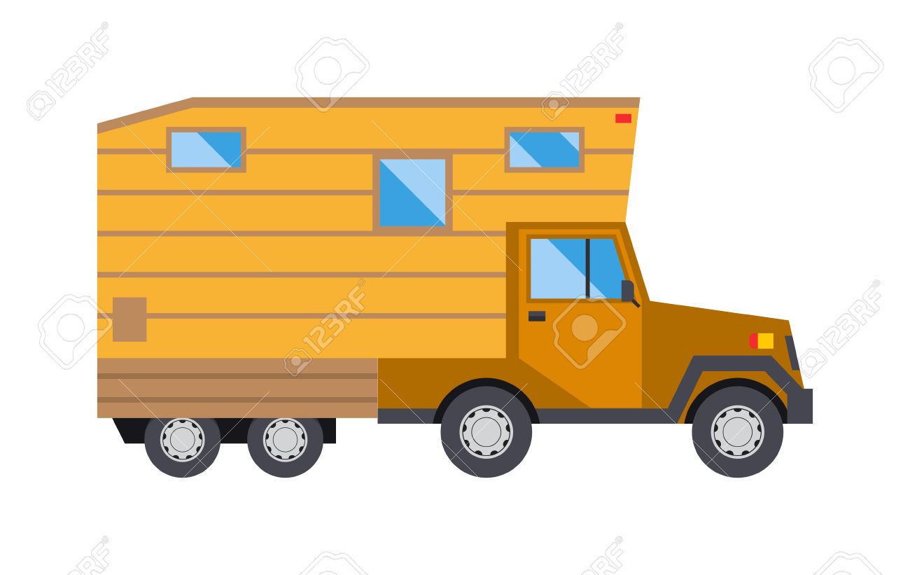 Modern Caravan Car House. Vector Caravan Trailer With Baggage.