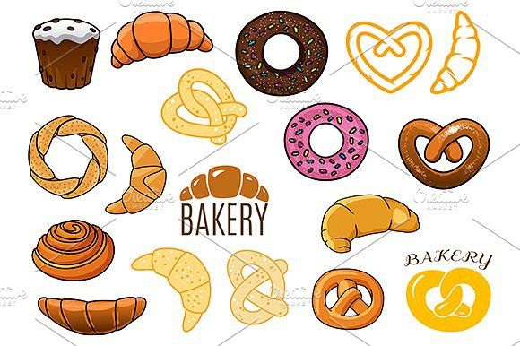 Outlined and cartoon bakery symbols. Food #bakery #baker.