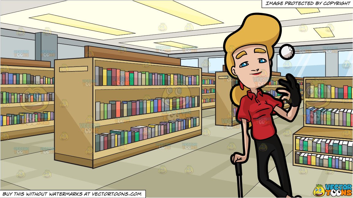 A Woman Happily Throws A Golf Ball Up In The Air and Inside A Large Store  Filled With Shelves Of Books Background.