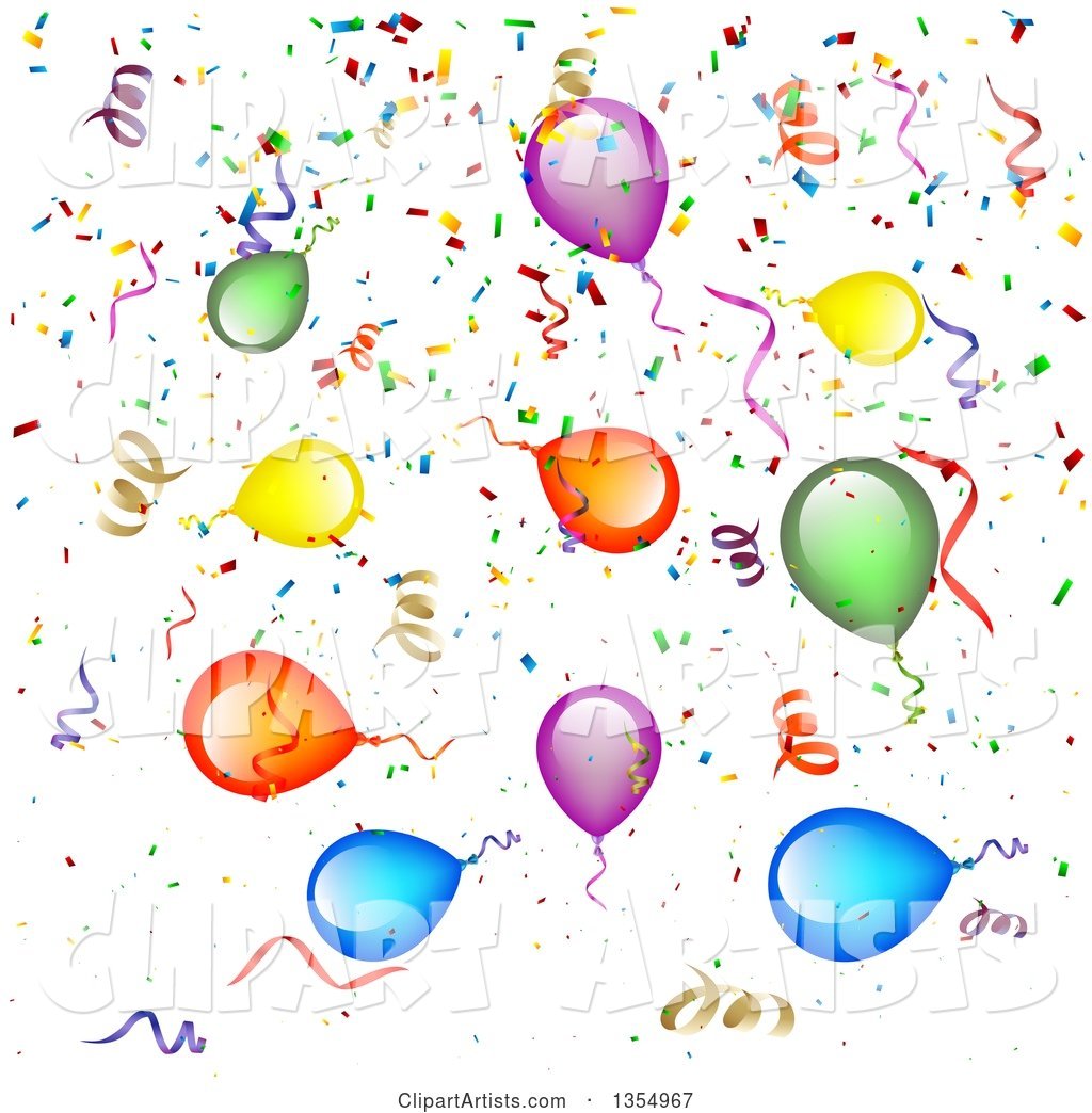 Background of Colorful Party Balloons, Streamers and Confetti.