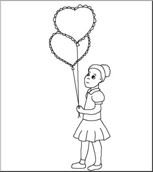 Clip Art: Kids: Girl w/ Valentine Balloons B&W I abcteach.
