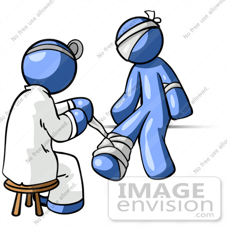 Clip Art Graphic of a Blue Guy Character Getting Bandaged By A.