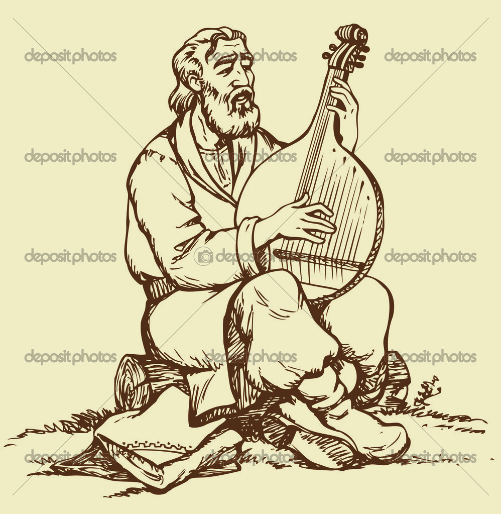 Vector drawing. Old Ukrainian musician plays the bandura — Stock.