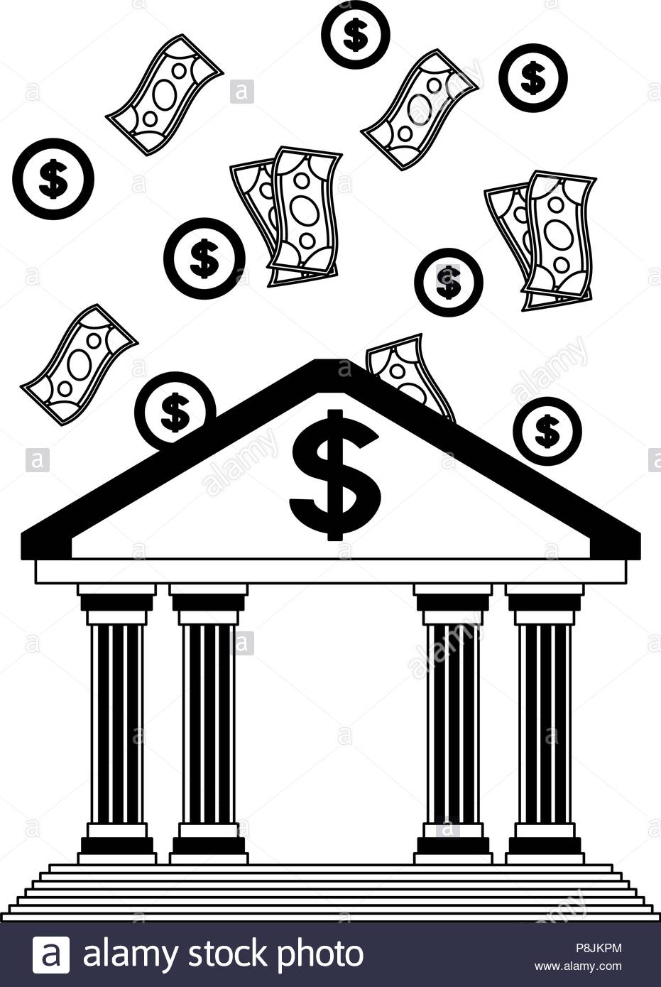 Money falling to bank building black and white Stock Vector Art.