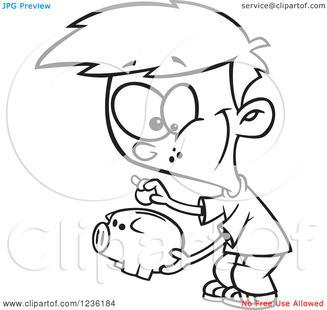 Clipart of a Black and White Boy Putting a Coin in His Piggy Bank.