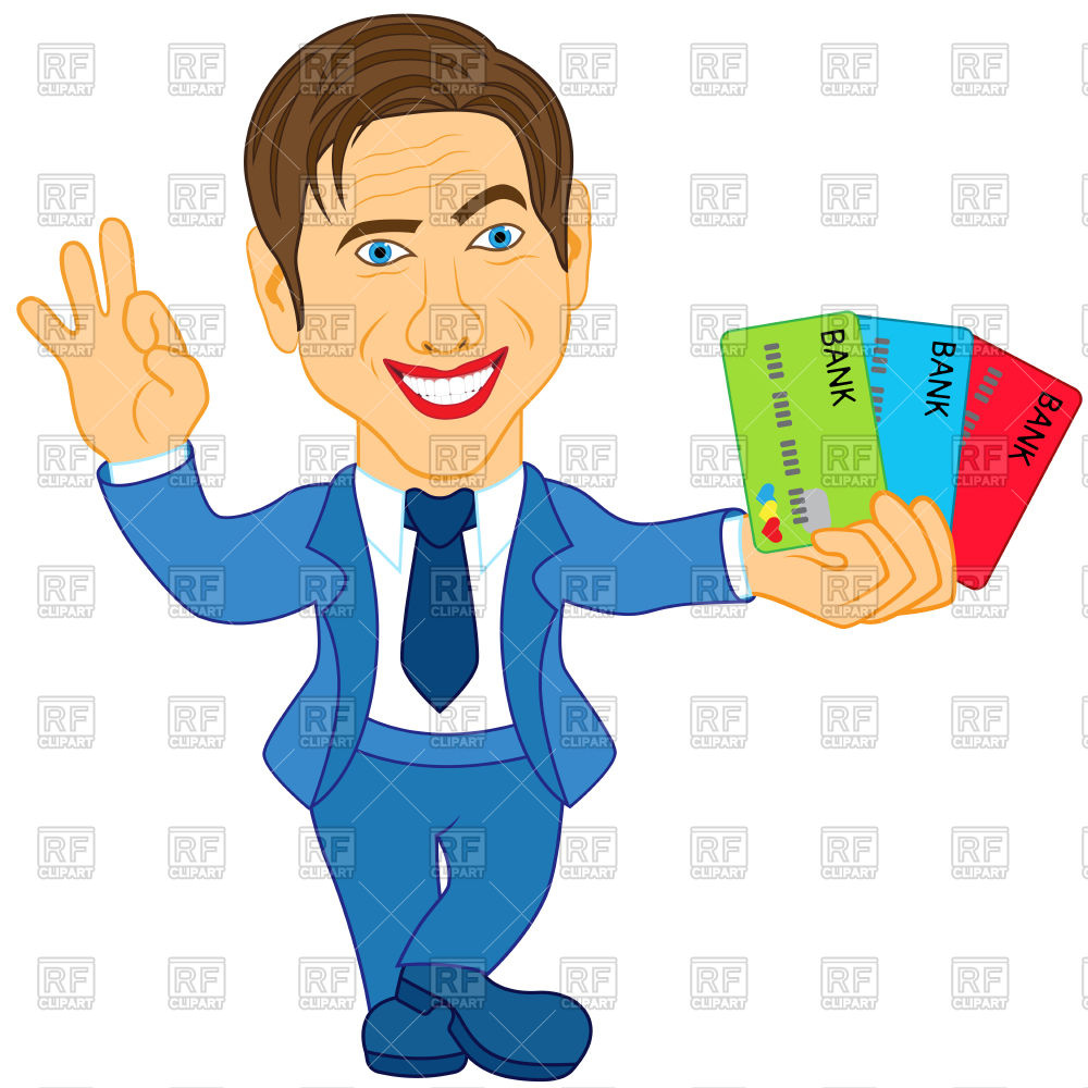 Smiling man with credit cards and gesticulate okay.