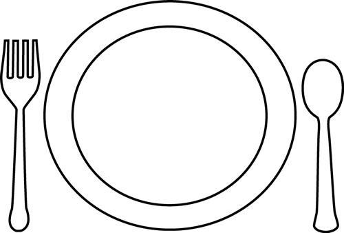 Black and White Dinner Plate and Utensils Clip Art.