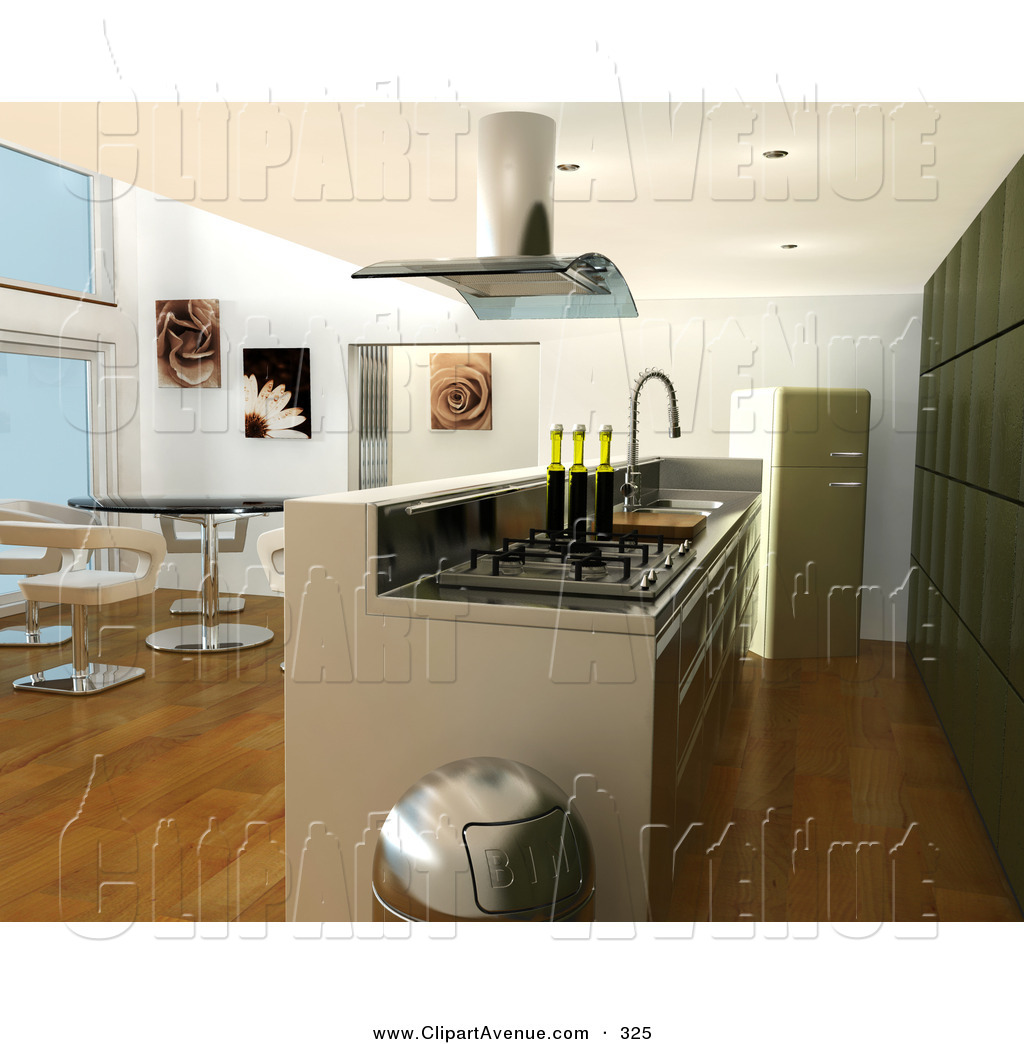 Avenue Clipart of a Modern Kitchen Interior with a Fan over.