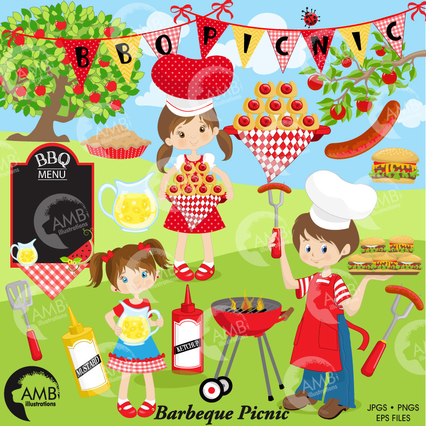 BBQ clipart, Picnic clipart, Barbecue clipart, Grill food party clipart.