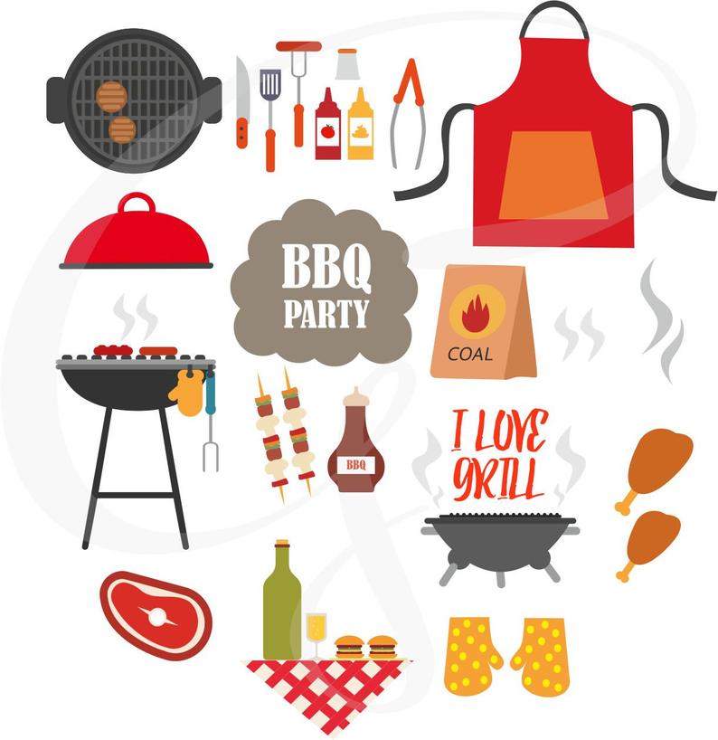 Bbq Clipart, Bbq Graphics, Outdoor Barbecue Clipart Set, Invitation,  Barbecue and Grill Clipart, Commercial use, Personal Use.