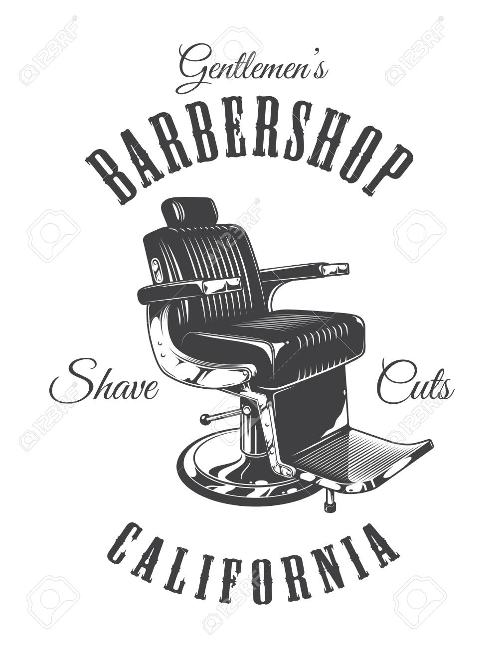Vintage monochrome barbershop emblem with barber chair and inscriptions...