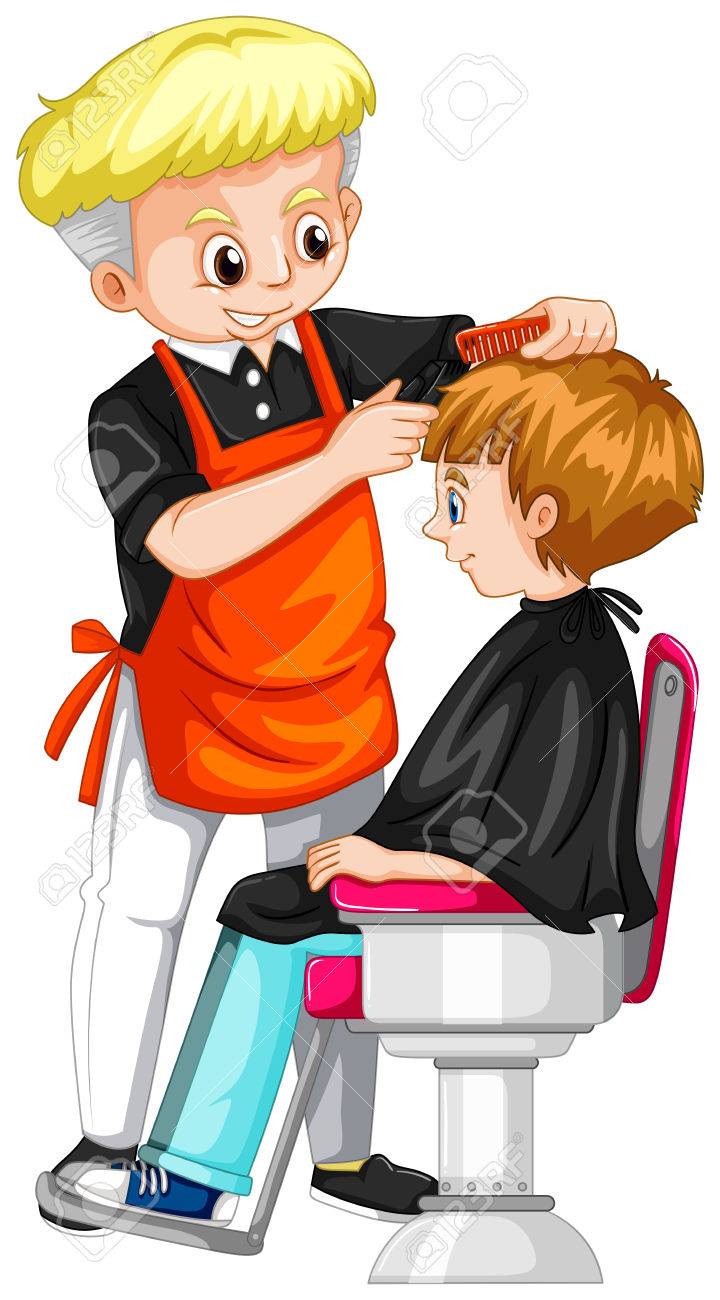 Little boy getting haircut at barber illustration.