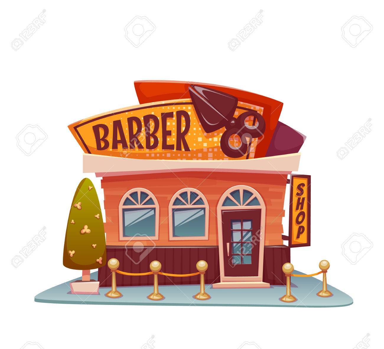 Barber shop building with bright banner. Vector illustration.
