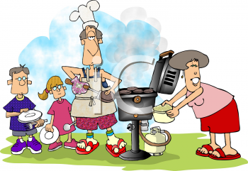 Royalty Free Clipart Image of a Family Having a Barbeque.