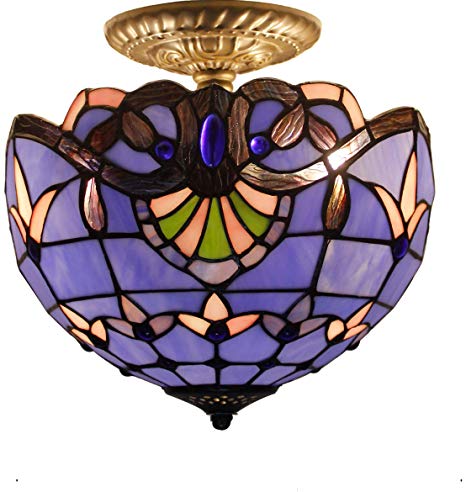 Blue Purple Baroque Tiffany Ceiling Lamp Semi Flush Mount Pendant Hanging  Light Fixture 12 Inch Stained Glass Shade for Dinner Room.