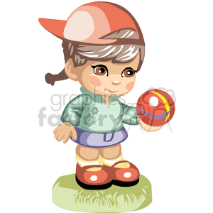 Little girl in a baseball cap holding a red striped ball clipart.  Royalty.