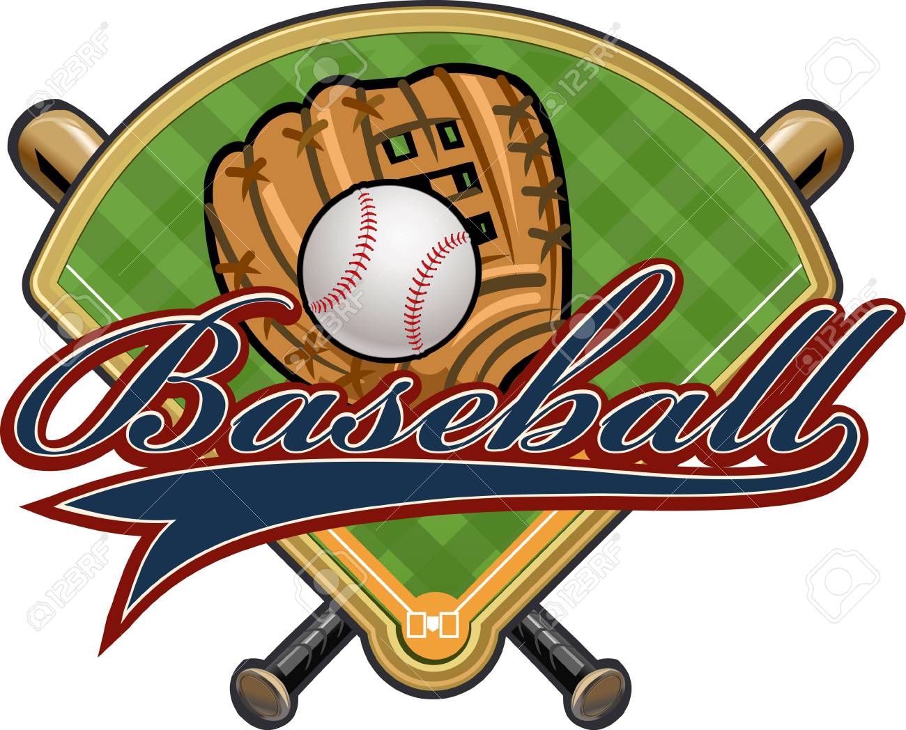 Baseball glove, ball, bat and field.