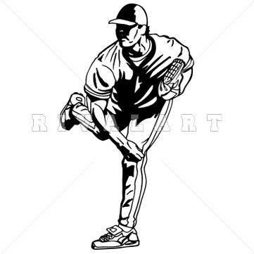 Sports Clipart Image of Black White Pitcher Pitching.