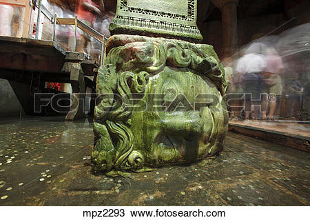 Stock Photo of Medusa head column at Yerebatan Saray, Basilica.