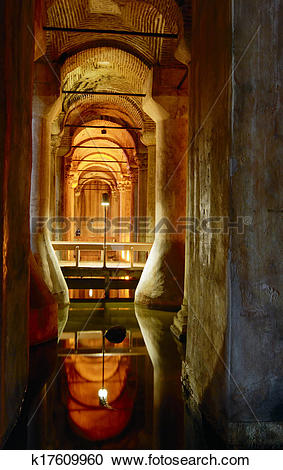 Stock Photography of The underground reservoir of Basilica Cistern.