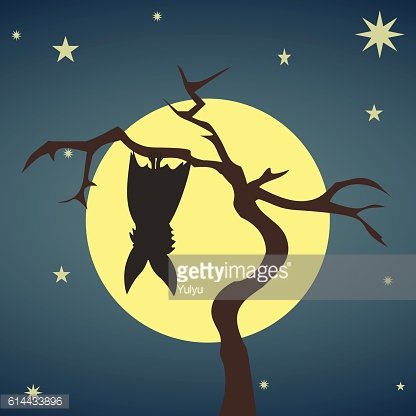 Silhouette bat hanging on a dry tree Clipart Image.