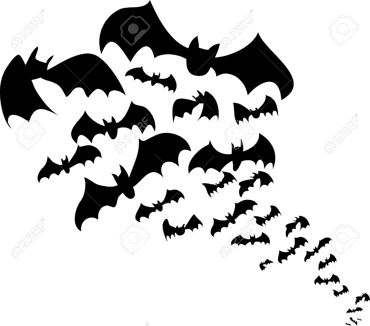 Flying bats flock black silhouettes for Halloween.