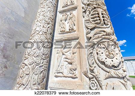 Stock Photograph of Battistero Pisa entrance sculpture detail.