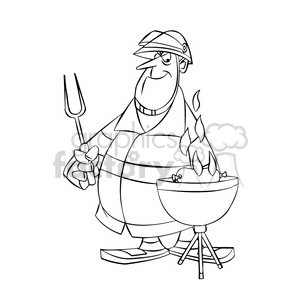 frank the cartoon firefighter cooking on a grill bbq black white clipart.  Royalty.