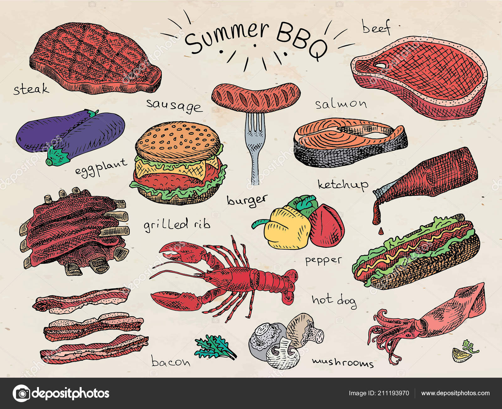 Beautiful Illustration Summer Bbq Food Ribs Sausage Beef Steak.