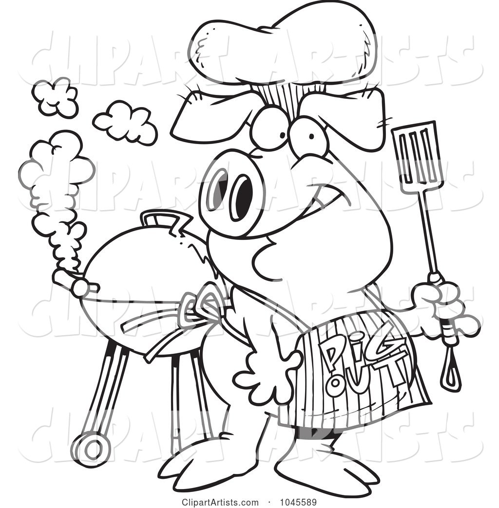 Cartoon Black And White Outline Design Of A Bbq Pig Wearing.