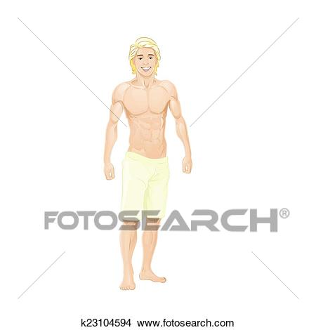 Man summer shorts, muscular body sexy beach guy Clipart.