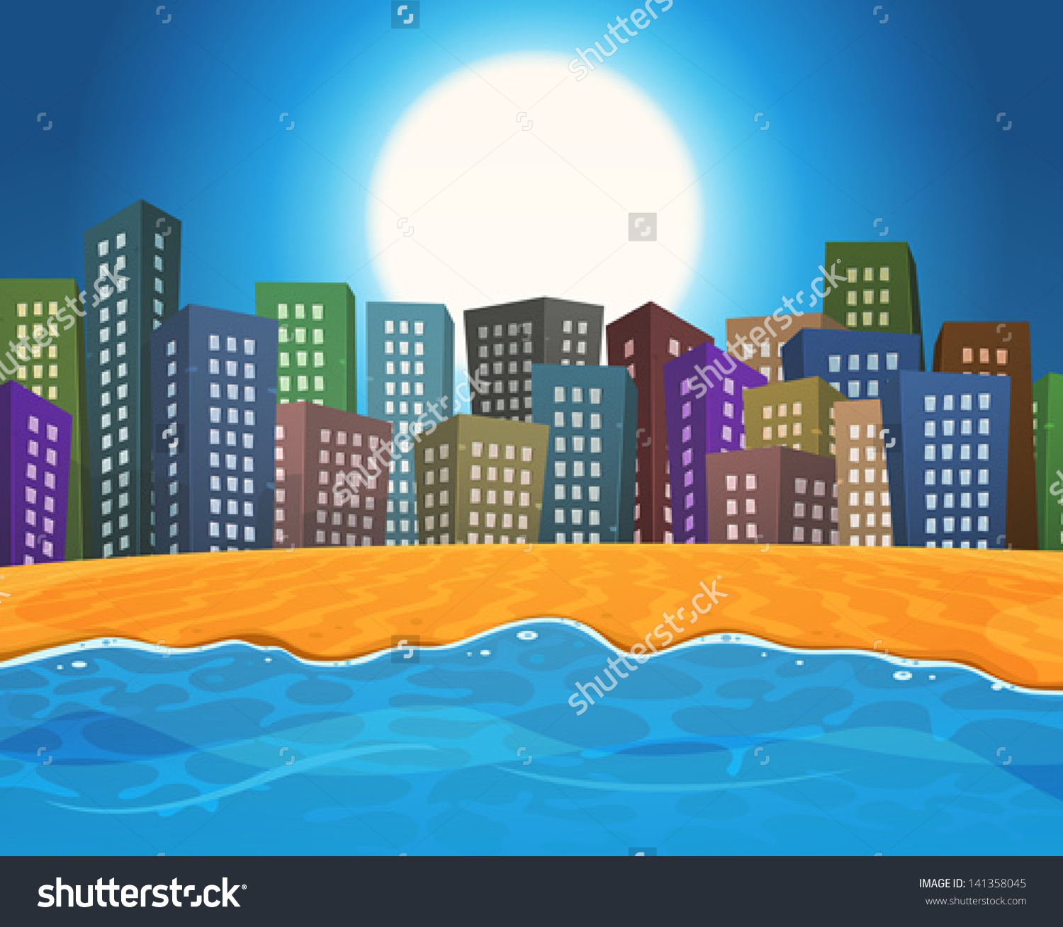 Summer Beach By City Illustration Cartoon Stock Vector 141358045.
