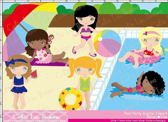 Girls pool party Clipart , Cute Girl clipart , Pool Clipart.