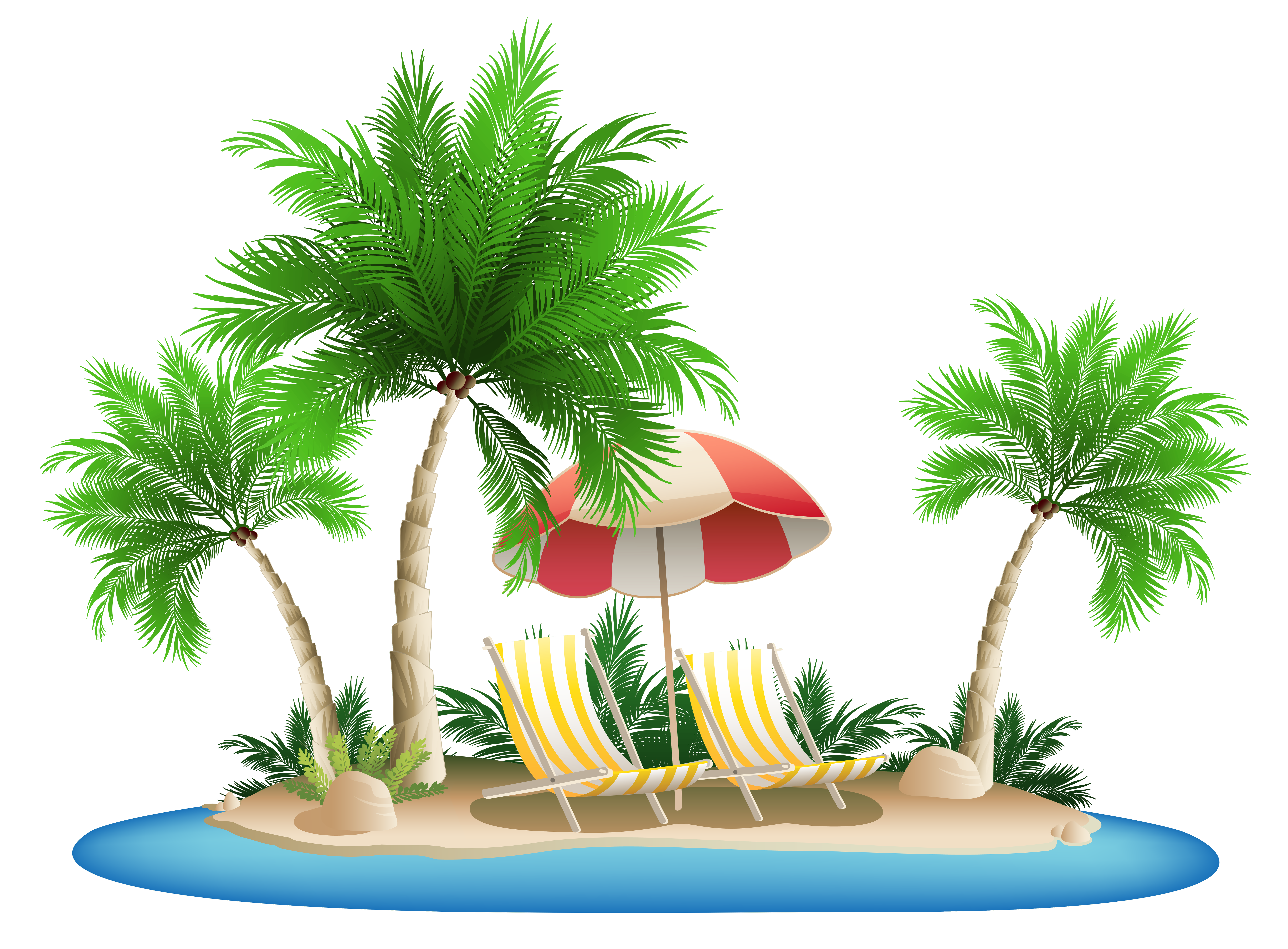 Beach Umbrella with Chairs and Palm Island PNG Clipart.