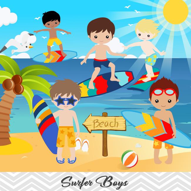 Surfing Boy Digital Clip Art, Summer Beach Party Clipart, Surfer Boy Clip  Art, 00165.