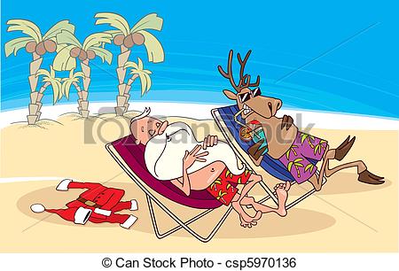 santa and reindeer having a rest on the beach.