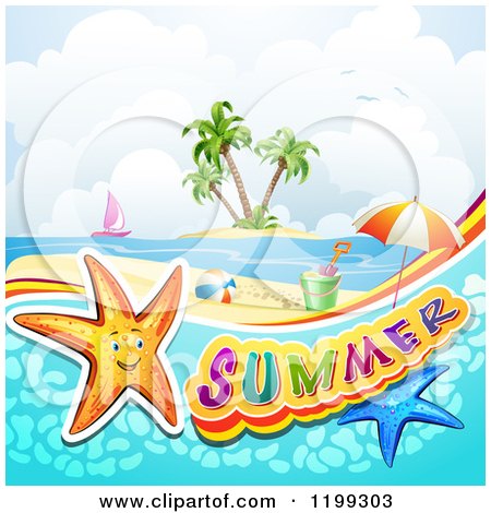 Clipart of a White Sand Tropical Beach with a Palm Tree and Sun.