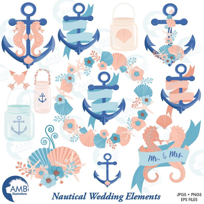 Nautical clipart, Coastal clipart, Wedding clip art, beach wedding clipart,  floral clipart, seahorse, commercial use, AMB.
